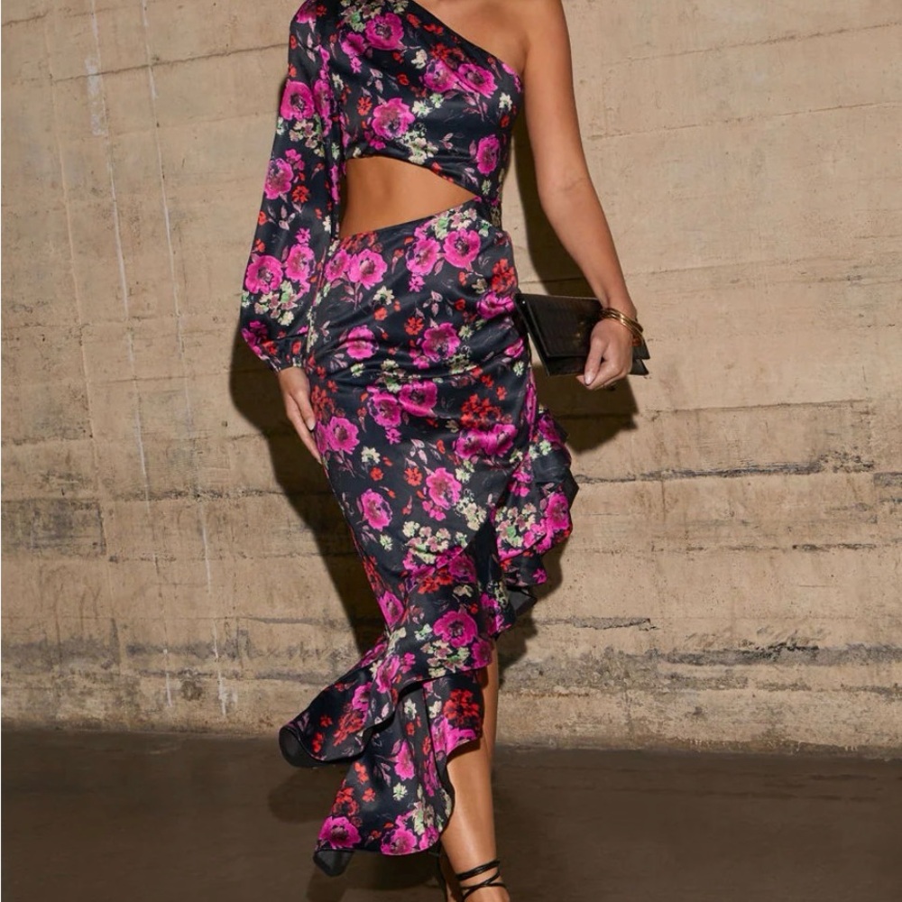 Vici Black Floral Asymmetrical One-Shoulder Dress with Pink Flowers